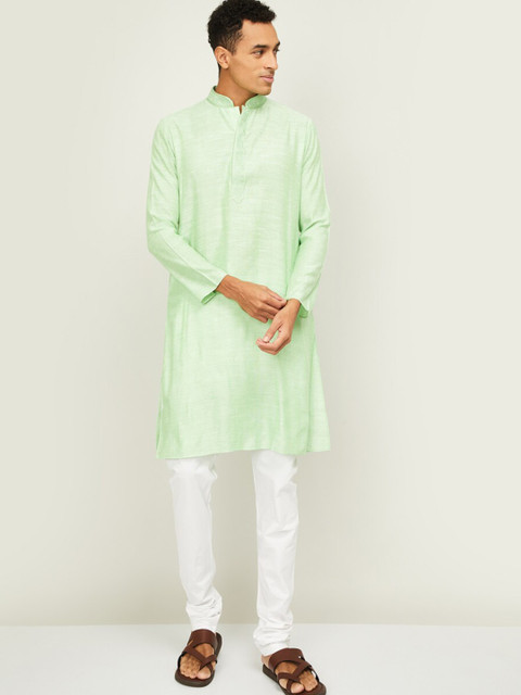 

Melange by Lifestyle Men Green Angrakha Pure Cotton Kurta with Churidar & With Dupatta