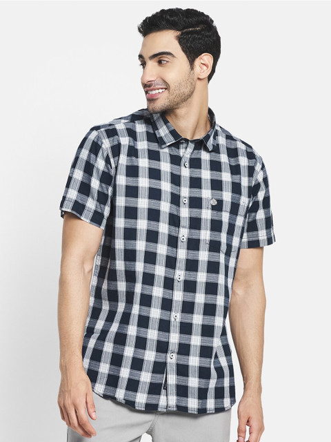 

METTLE Men Navy Blue Buffalo Checks Checked Casual Shirt