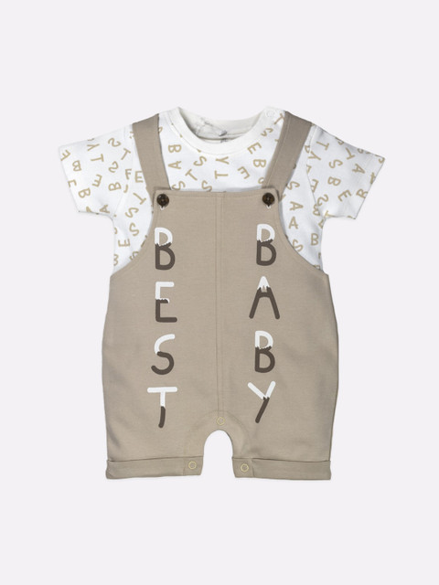 

BABY GO Infant Beige & White Printed Cotton Dungarees With T-shirt