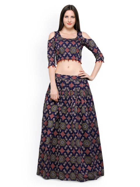 

Inddus Navy Banarasi Cotton Semi-Stitched Lehenga Choli, Navy blue