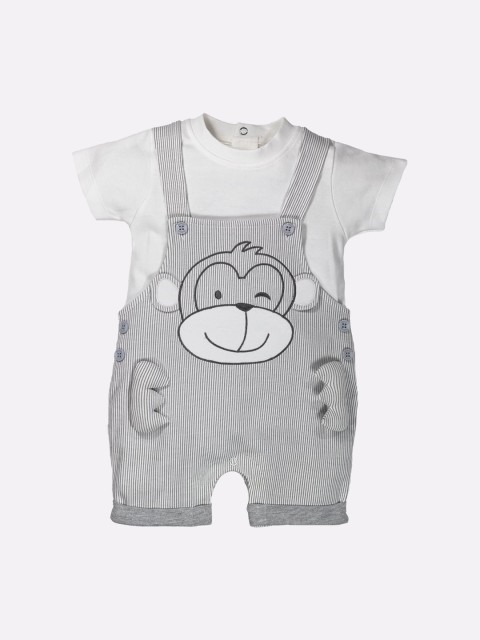 

BABY GO Infant Boys Grey Melange & White Printed Dungarees With T-Shirt