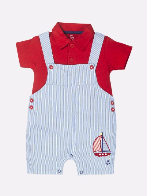 

BABY GO Infant Boys Blue & White Striped Pure Cotton Dungarees With T-Shirt, Red