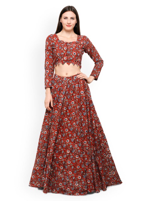 

Inddus Maroon Block Print Cotton Semi-Stitched Lehenga Choli