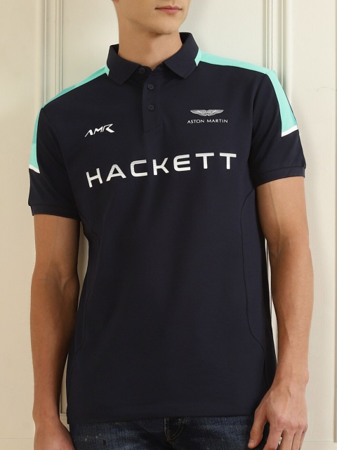 

HACKETT LONDON Men Navy Blue & french middle red purple Mandarin Collar Applique T-shirt
