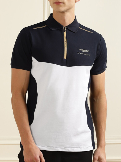 

HACKETT LONDON Men Navy Blue Colourblocked Polo Collar T-shirt