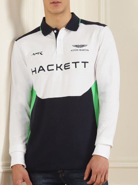 

HACKETT LONDON Men White & mystic blue Typography Polo Collar Applique T-shirt