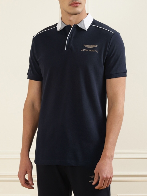 

HACKETT LONDON Men Navy Blue Typography Polo Collar Indigo T-shirt
