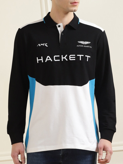 

HACKETT LONDON Men Black & brown Typography Colourblocked Polo Collar T-shirt