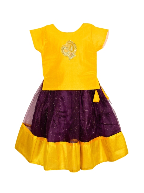 

AMIRTHA FASHION Girls Gold-Toned & Purple Embellished Beads and Stones Ready to Wear Lehenga &