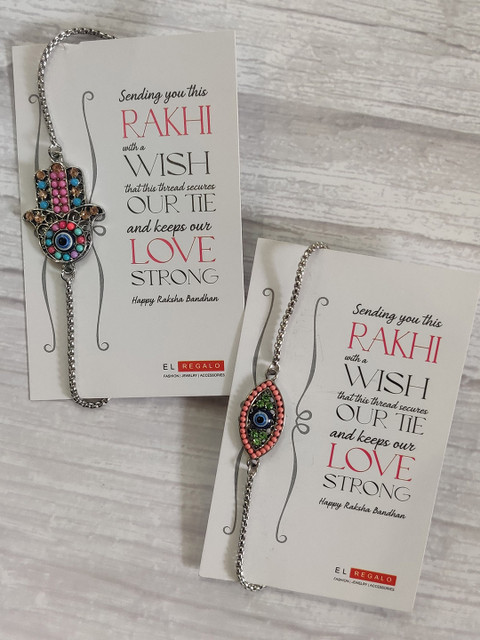 

EL REGALO Bhaiya Bhabhi Pack of 2 Evil Eye Beaded Rakhi Greeting Card Set, Silver