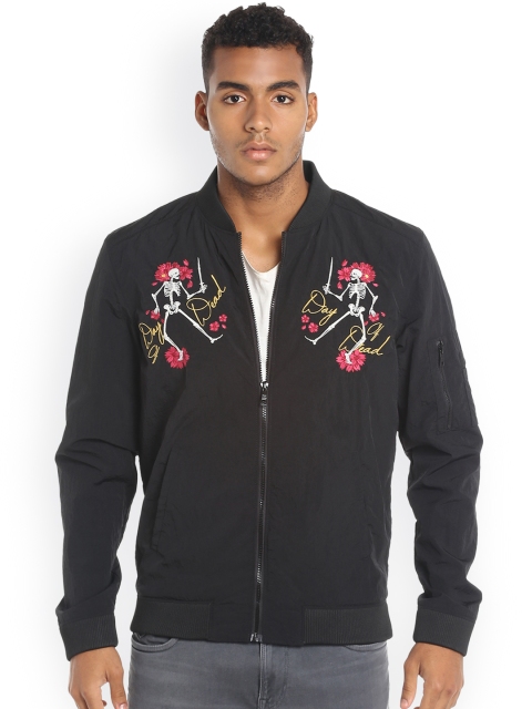 

Jack & Jones Men Black Embroidered Solid Bomber Jacket