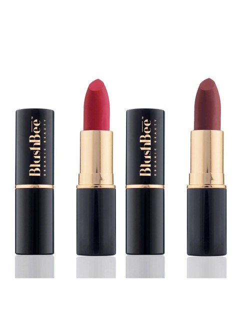 

BlushBee Beauty Set of 2 Matte Organic Vegan Lipstick - Mocha BB07 & Flamenco Red BB10, Coffee brown