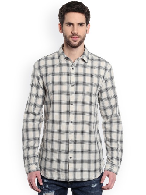 

Jack & Jones Men Beige & Navy Blue Regular Fit Checked Casual Shirt