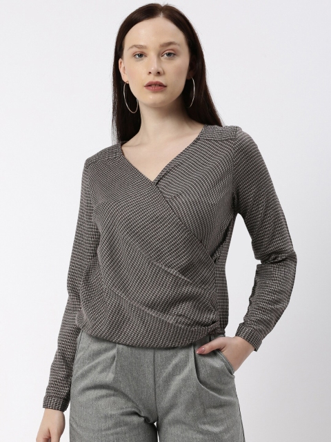 

kriatma Grey & steel gray Geometric Print Wrap Top