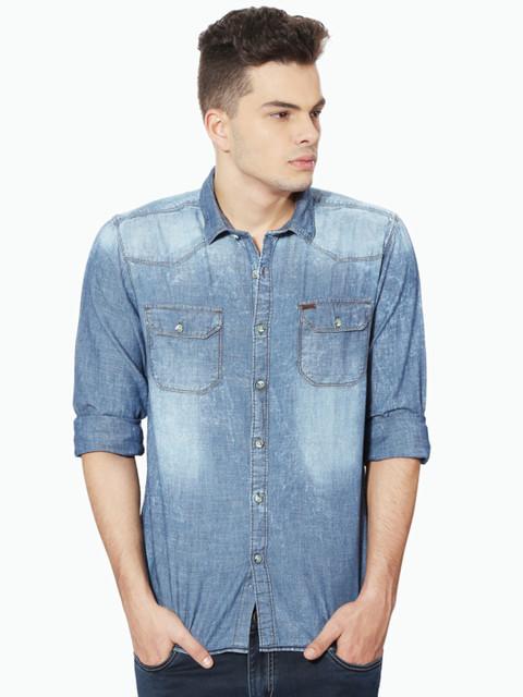 

People Men Blue Regular Fit Faded Denim Shirt