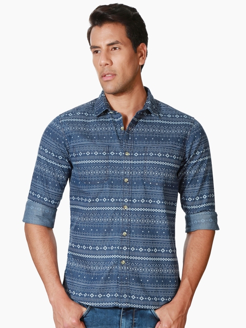 

People Men Navy Regular Fit Printed Denim Shirt, Navy blue