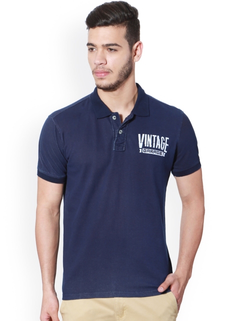 

People Men Navy Solid Polo Collar T-shirt, Navy blue