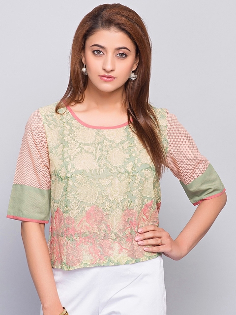 

Fabindia Women Green & Off-White Printed Top