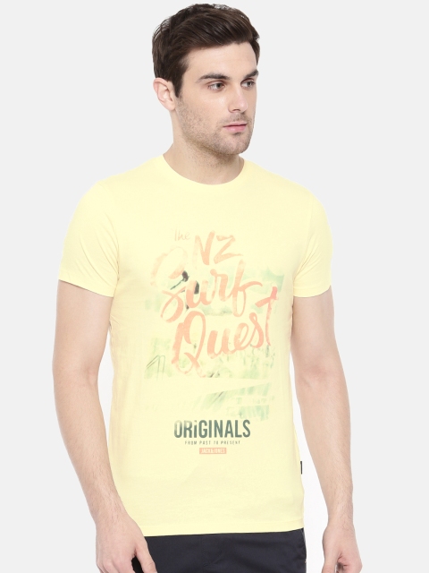 

Jack Jones Men Yellow Printed Round Neck Pure Cotton T-shirt