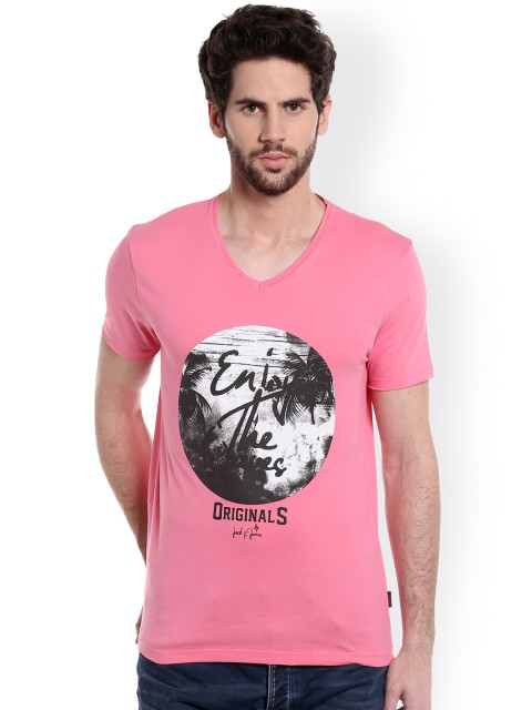 

Jack & Jones Men Coral Pink Printed V-Neck T-shirt