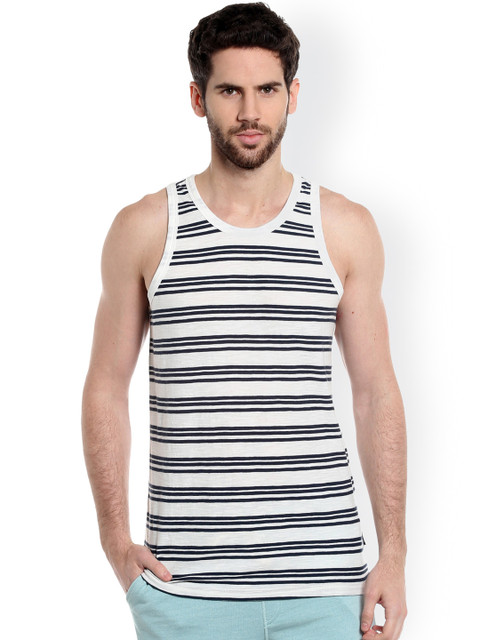 

Jack & Jones Men White & Navy Striped Round Neck T-shirt