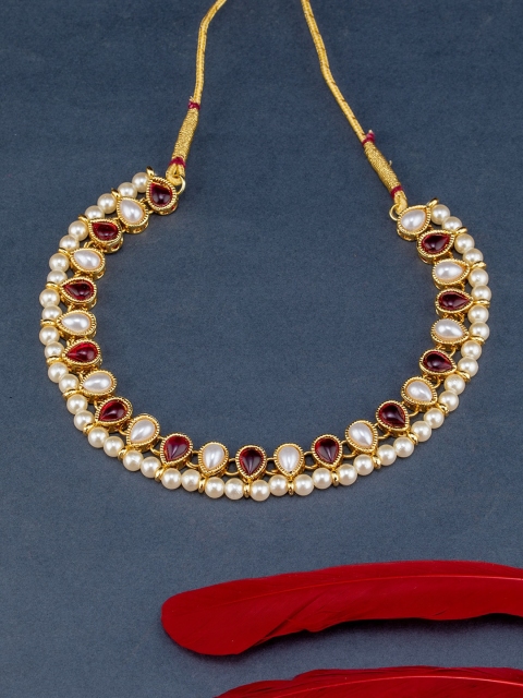 

BARSANO Gold-Plated White & Red Stone Studded Jewellery Set