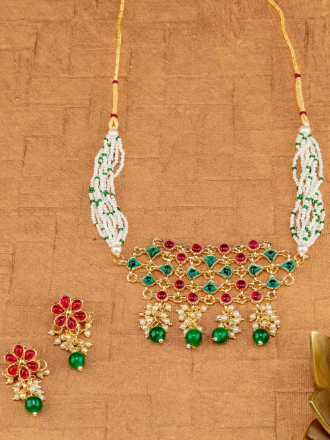 

BARSANO Gold-Plated Green & Red Stone Studded & White Beaded Jewellery Set