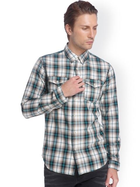 

Jack & Jones Men Green & White Checked Casual Shirt