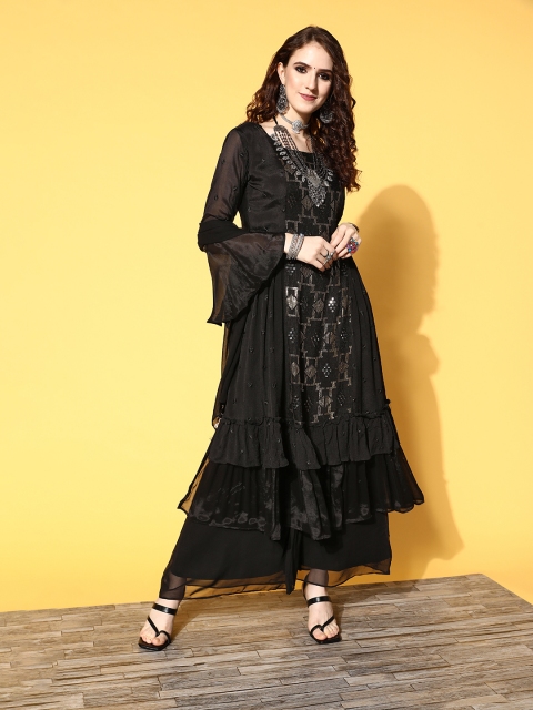 

ZOLA Women Ethnic Motifs Poly Georgette Bling it On Kurta Set, Black
