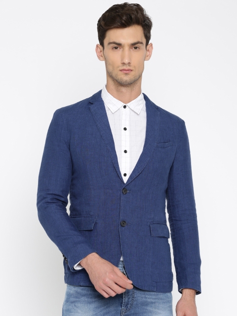 

Jack & Jones Men Navy Linen Single-Breasted Casual Blazer, Navy blue