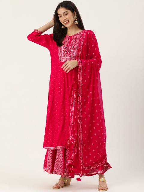 

Kay Fashions Women Magenta Ethnic Yoke Design Mirror Work Kurta with Palazzos & Dupatta
