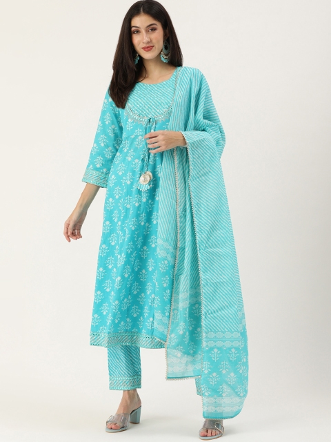 

Kay Fashions Women Turquoise Blue Ethnic Motifs Printed Sequinned Pure Cotton Kurta with Trousers & With