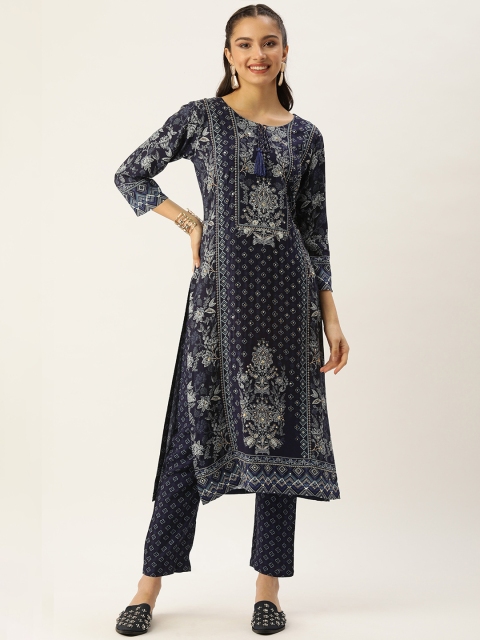 

Kay Fashions Women Navy Blue Ethnic Motifs Printed Sequinned Kurta with Trousers