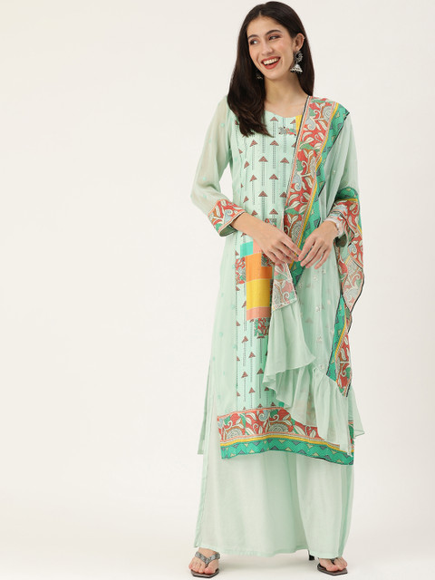 

Kay Fashions Women Sea Green Ethnic Motifs Sequinned Chanderi Cotton Kurta with Palazzos & With Dupatta