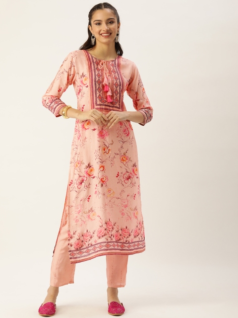

Kay Fashions Women Peach-Coloured Floral Printed Sequinned Chanderi Cotton Kurta with Trousers