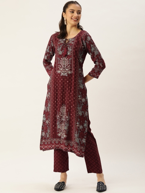

Kay Fashions Women Maroon Ethnic Motifs Printed Sequinned Kurta with Trousers
