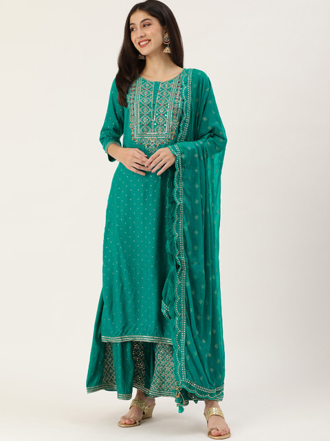 

Kay Fashions Women Sea Green Ethnic Yoke Design Mirror Work Kurta with Palazzos & Dupatta