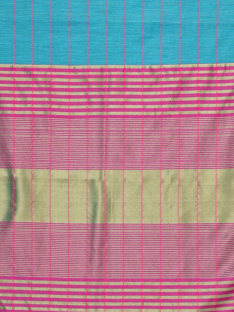 

Mitera Turquoise Blue & Pink Striped Zari Kanjeevaram Saree