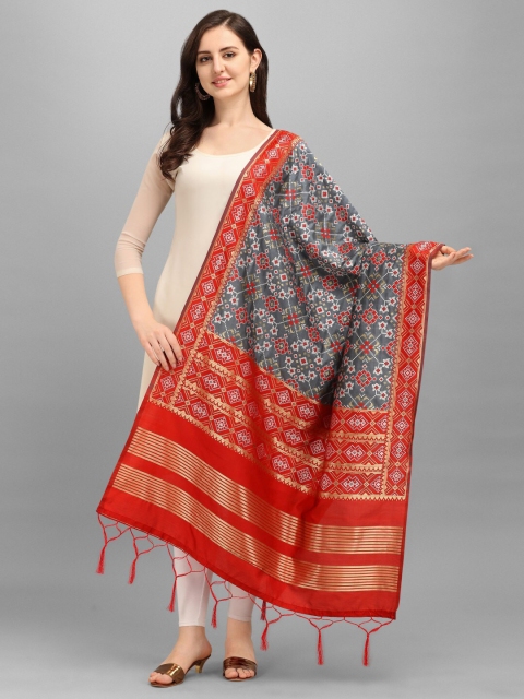 

Mitera Grey & Red Ethnic Motifs Woven Design Dupatta with Zari