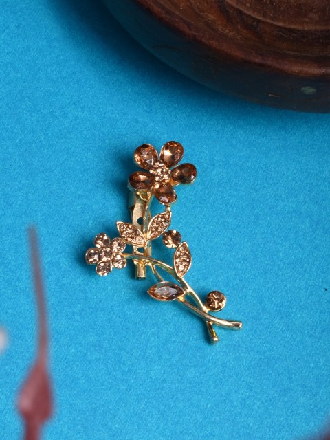 

STEORRA JEWELS Gold-Toned Stone-Studded Leaf-Shaped Brooch