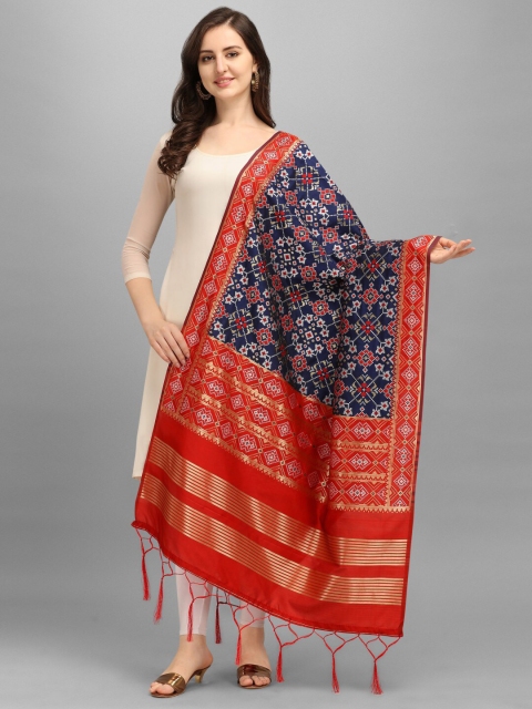 

KALINI Navy Blue & Red Ethnic Motifs Woven Design Dupatta with Zari