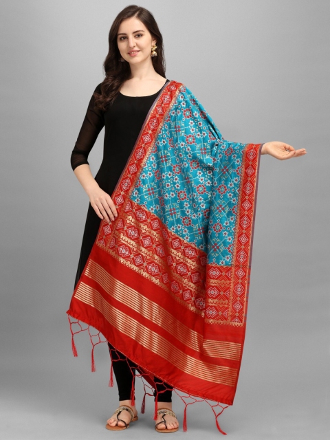 

KALINI Blue & Red Ethnic Motifs Woven Design Dupatta with Zari