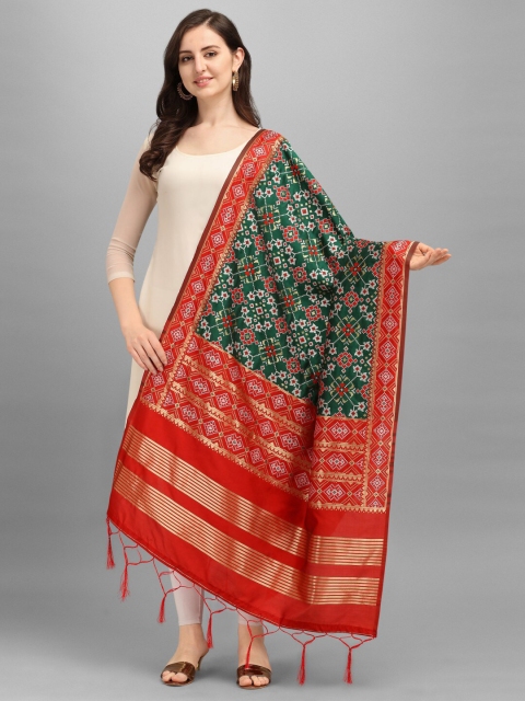 

KALINI Green & Red Ethnic Motifs Woven Design Dupatta with Zari
