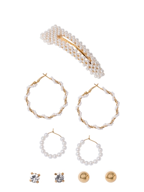 

FabAlley Women White & Gold-Toned Set of 5 Embellished Hair Clip & Earrings Set