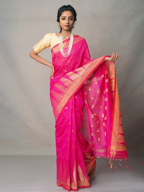 

Unnati Silks Pink & Gold-Toned Woven Design Zari Pure Linen Jamdani Saree