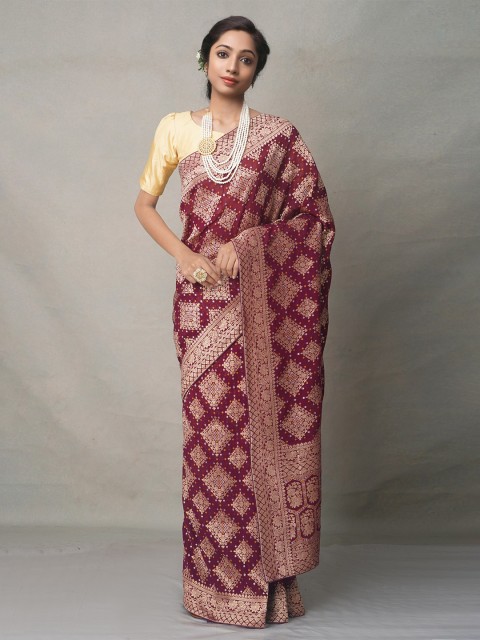 

Unnati Silks Purple & Gold-Toned Woven Design Zari Pure Silk Banarasi Saree