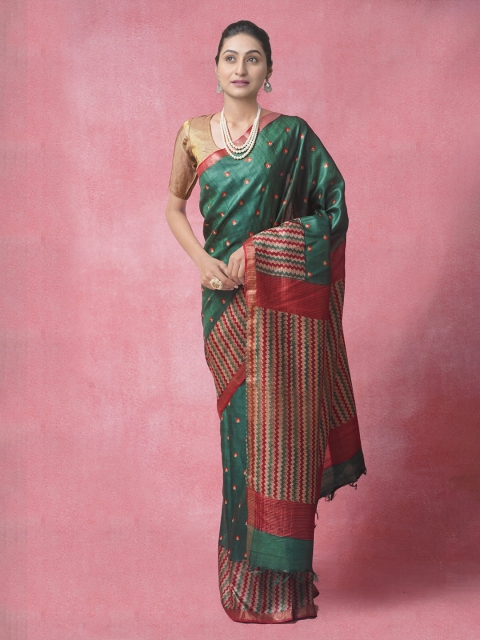 

Unnati Silks Green & Red Woven Design Kantha Work Pure Silk Tussar Saree