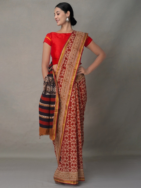 

Unnati Silks Maroon & Gold-Toned Ethnic Motifs Pure Cotton Block Print Saree