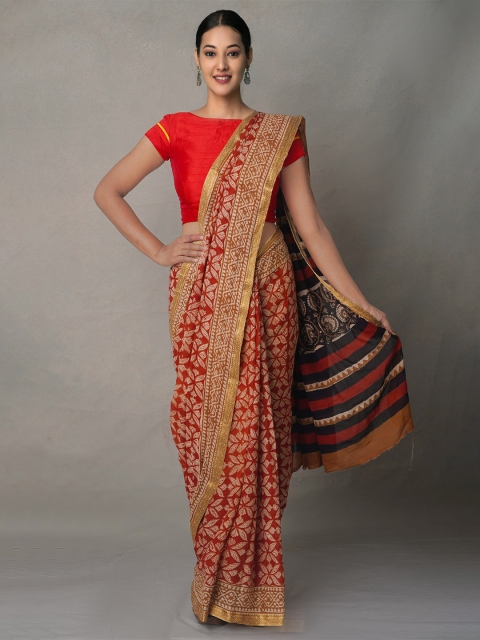 

Unnati Silks Maroon & Cream-Coloured Ethnic Motifs Pure Cotton Block Print Saree