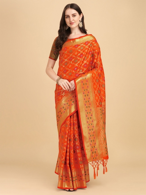 

awesome Orange & Gold-Toned Woven Design Zari Pure Silk Banarasi Saree